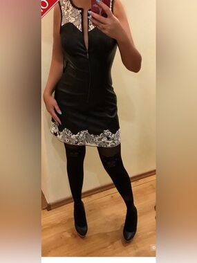 Guess Black and White Lace-Overlay Dress